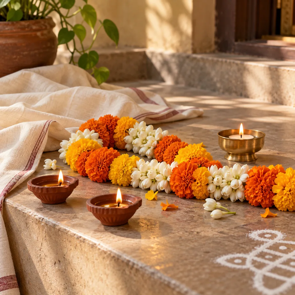 Illustrative image of marigold and jasmine garlands with terracotta lamps and a brass candle holder.