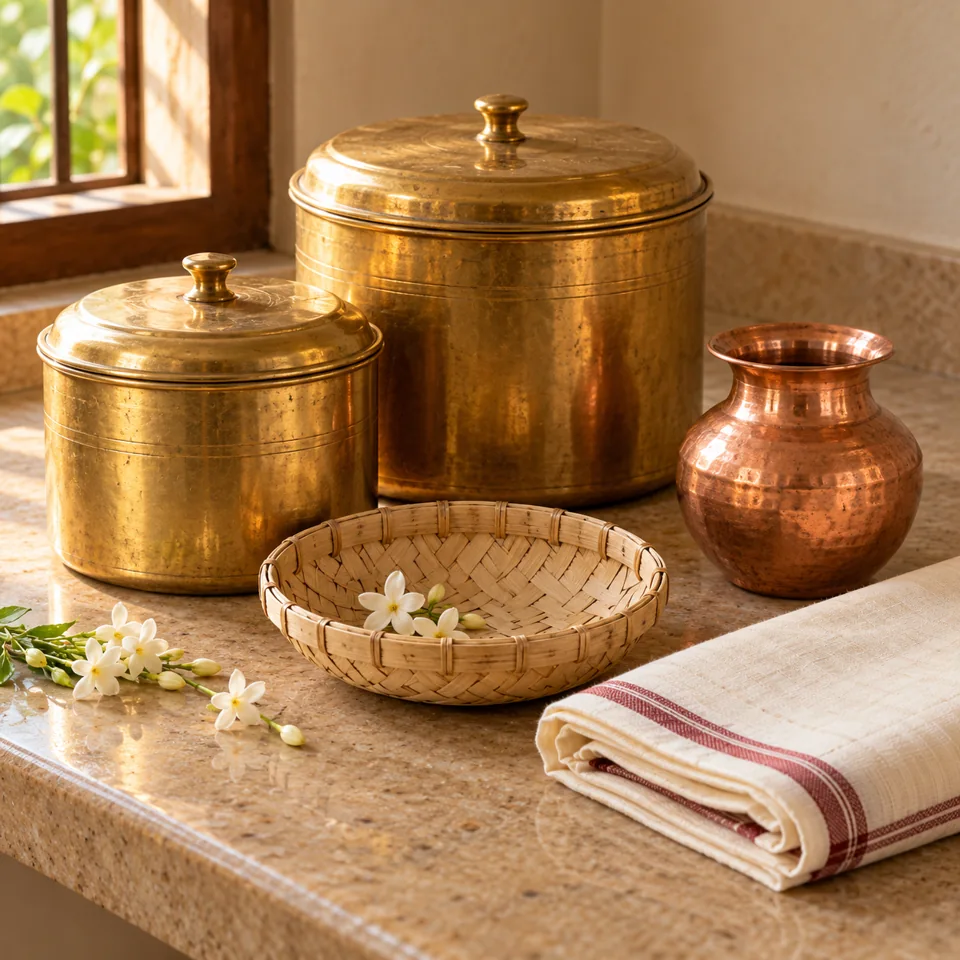 Illustrative image of traditional brass household containers, a woven basket and folded cotton cloth.