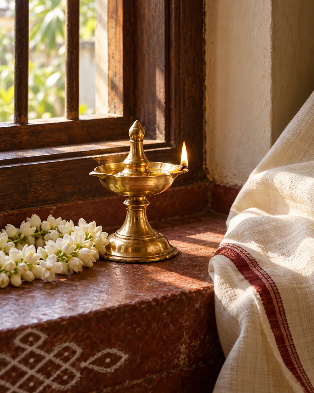 Illustrative image of a simple brass oil lamp, jasmine and cotton cloth beside a wooden window.