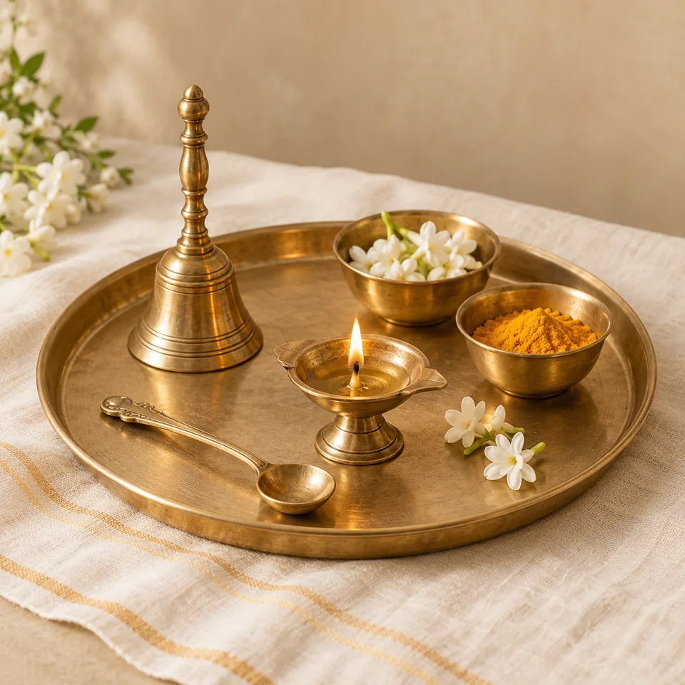 Illustrative image of a brass pooja tray with a bell, spoon, bowls and a small oil lamp.