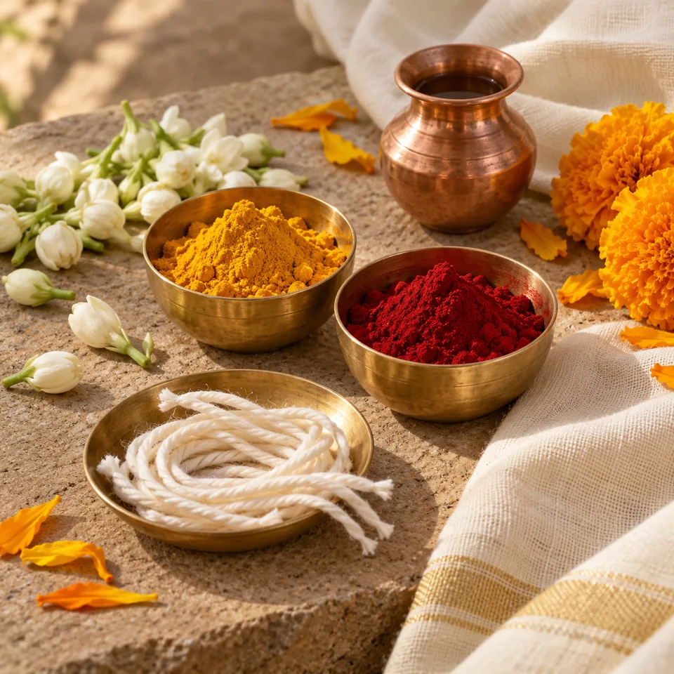 Illustrative image of turmeric, kumkum, cotton lamp wicks and flowers beside a copper vessel.