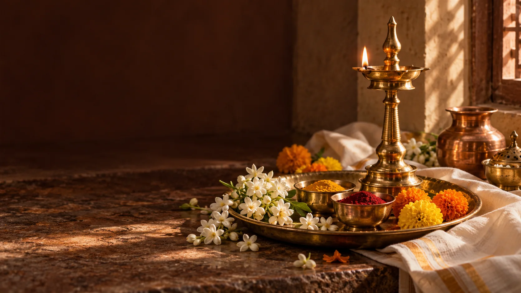 Illustrative still life of a brass oil lamp, pooja tray, jasmine and marigold flowers in natural light.